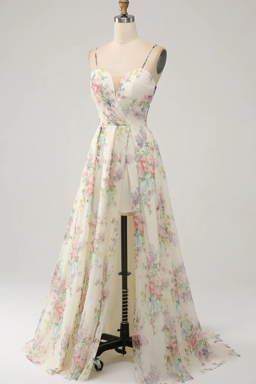 A-Line Flor Vestido de Baile de Marfim Impresso com Fenda