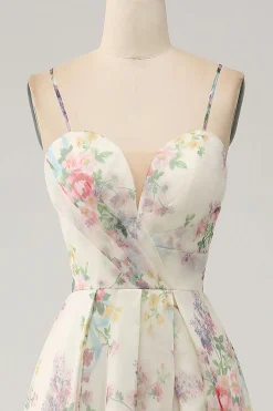 A-Line Flor Vestido de Baile de Marfim Impresso com Fenda