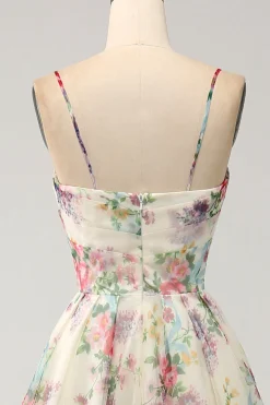 A-Line Flor Vestido de Baile de Marfim Impresso com Fenda