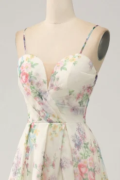 A-Line Flor Vestido de Baile de Marfim Impresso com Fenda