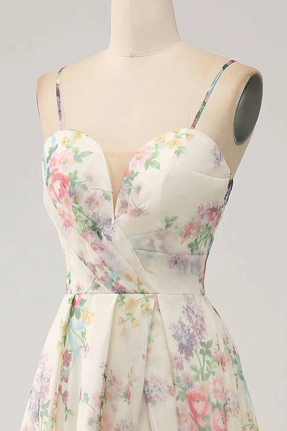 A-Line Flor Vestido de Baile de Marfim Impresso com Fenda