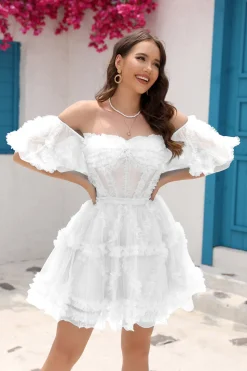 A-Line fora do ombro babado Corset Little White Dress