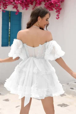A-Line fora do ombro babado Corset Little White Dress