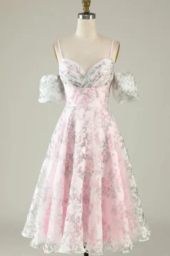 A-Line Fora do Ombro Flor Vestido de Cocktail Rosa Estampado