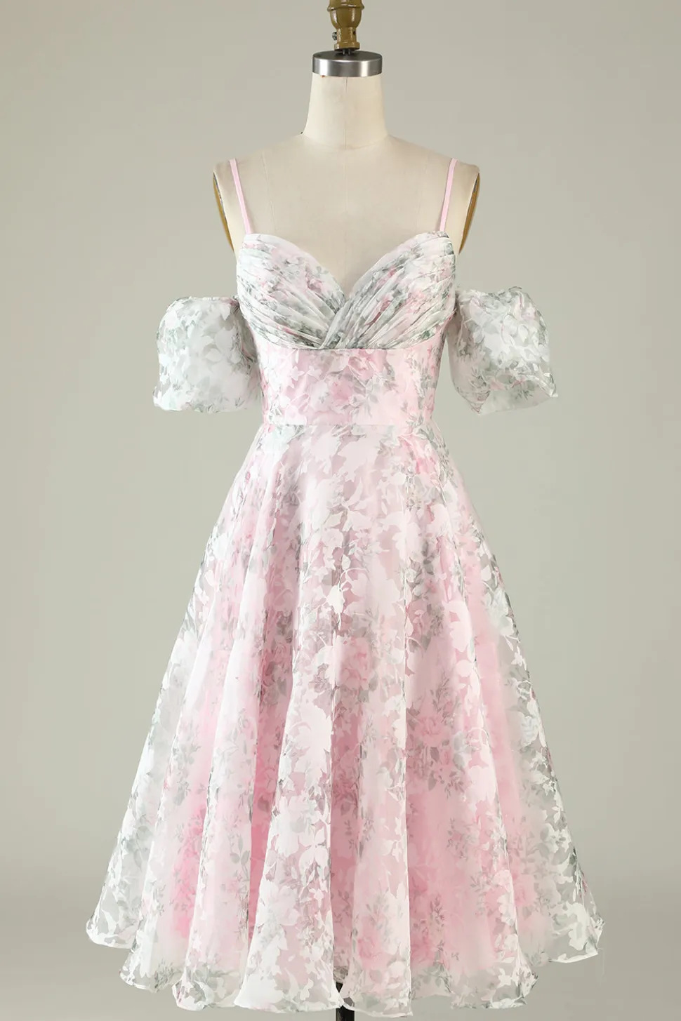 A-Line Fora do Ombro Flor Vestido de Cocktail Rosa Estampado