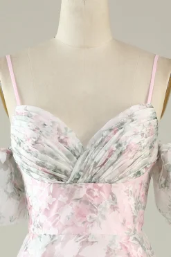 A-Line Fora do Ombro Flor Vestido de Cocktail Rosa Estampado