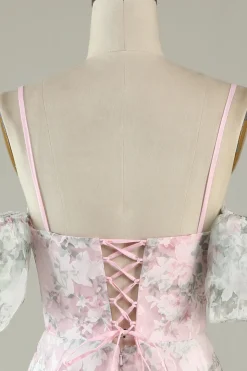 A-Line Fora do Ombro Flor Vestido de Cocktail Rosa Estampado