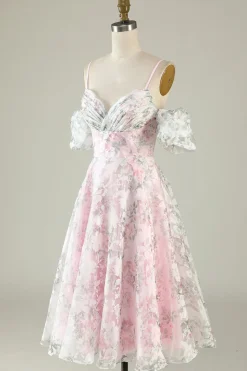 A-Line Fora do Ombro Flor Vestido de Cocktail Rosa Estampado
