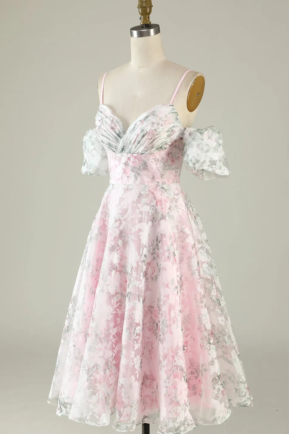A-Line Fora do Ombro Flor Vestido de Cocktail Rosa Estampado