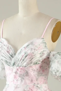 A-Line Fora do Ombro Flor Vestido de Cocktail Rosa Estampado