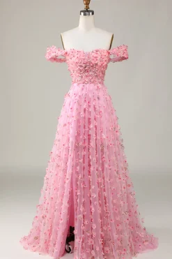 A-Line Fora do Ombro Rosa Vestido de Dama de Honor