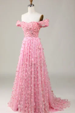 A-Line Fora do Ombro Rosa Vestido de Dama de Honor