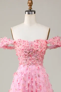 A-Line Fora do Ombro Rosa Vestido de Dama de Honor