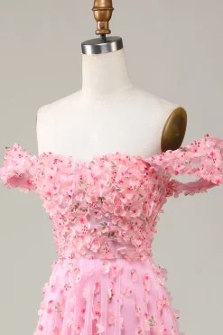 A-Line Fora do Ombro Rosa Vestido de Dama de Honor