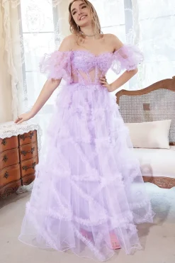 A-Line Fora do Ombro Roxo Vestido de Baile
