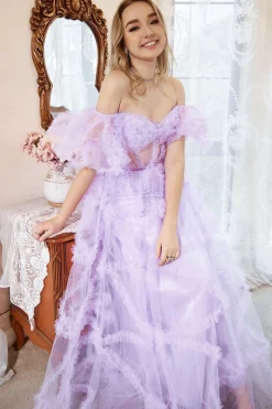 A-Line Fora do Ombro Roxo Vestido de Baile