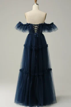 A-Line Fora do Ombro Tule Azul Marinha Vestido de Festa