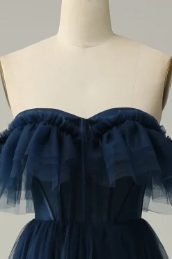 A-Line Fora do Ombro Tule Azul Marinha Vestido de Festa