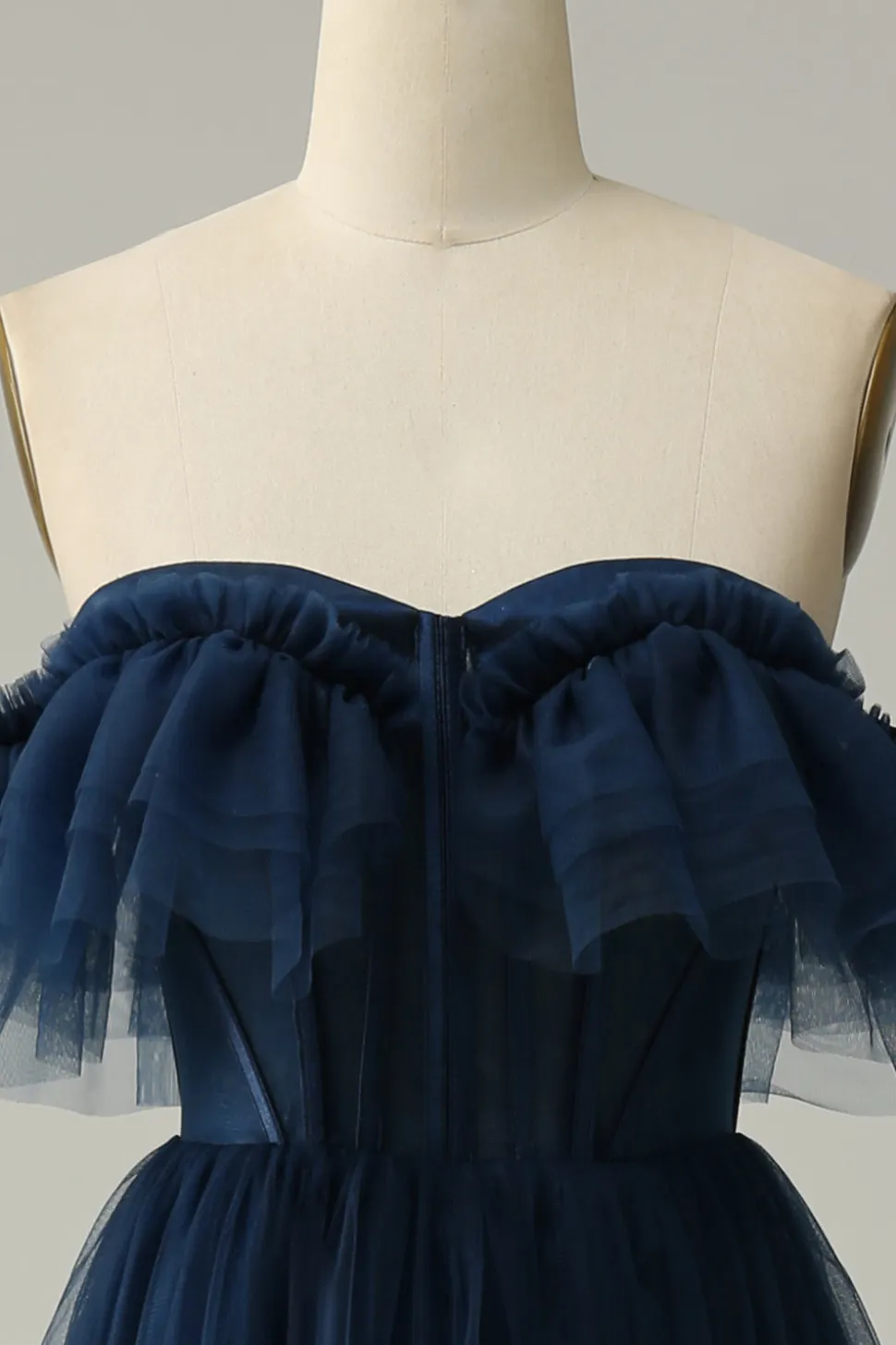 A-Line Fora do Ombro Tule Azul Marinha Vestido de Festa