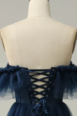 A-Line Fora do Ombro Tule Azul Marinha Vestido de Festa