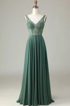 A-Line frisado eucalipto longo vestido de dama de honra