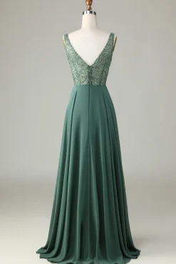 A-Line frisado eucalipto longo vestido de dama de honra