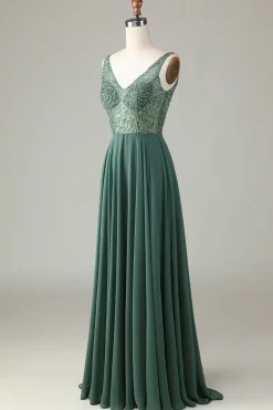 A-Line frisado eucalipto longo vestido de dama de honra
