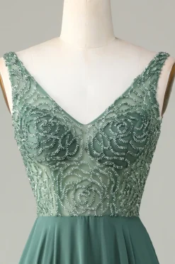 A-Line frisado eucalipto longo vestido de dama de honra