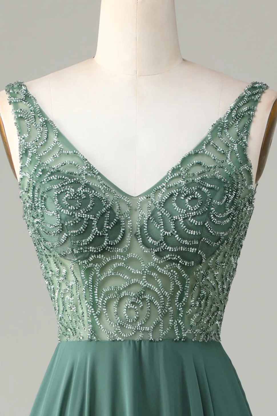 A-Line frisado eucalipto longo vestido de dama de honra