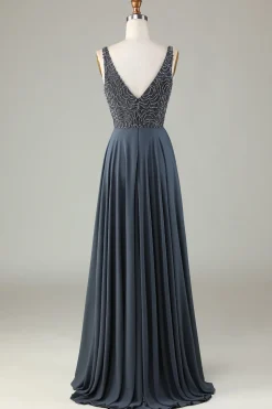 A-Line frisado eucalipto longo vestido de dama de honra