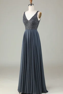A-Line frisado eucalipto longo vestido de dama de honra