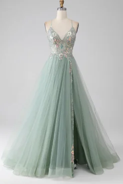 A-Line frisado vestido de baile verde claro com fenda