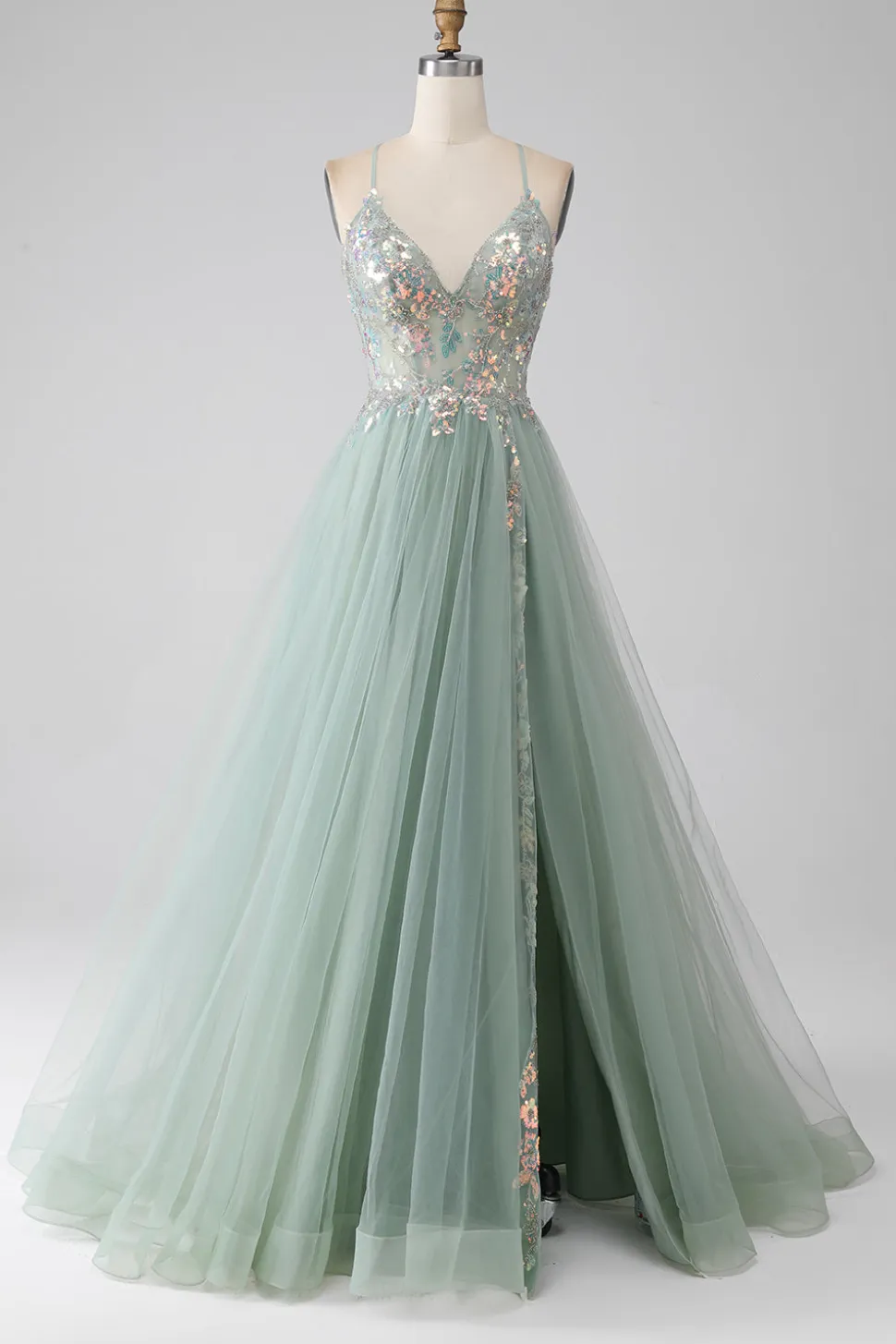 A-Line frisado vestido de baile verde claro com fenda