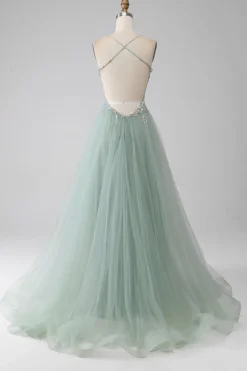 A-Line frisado vestido de baile verde claro com fenda