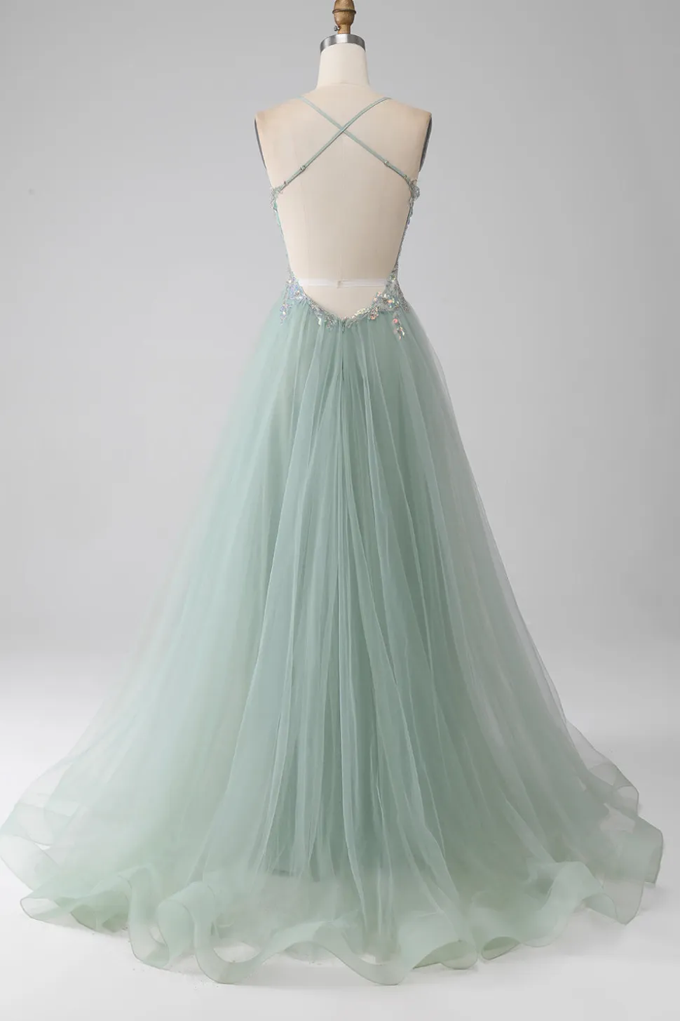 A-Line frisado vestido de baile verde claro com fenda