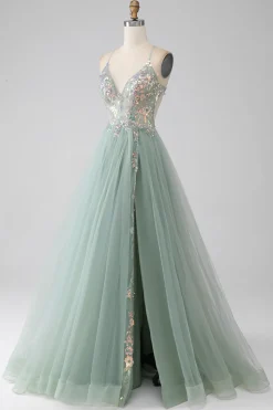 A-Line frisado vestido de baile verde claro com fenda