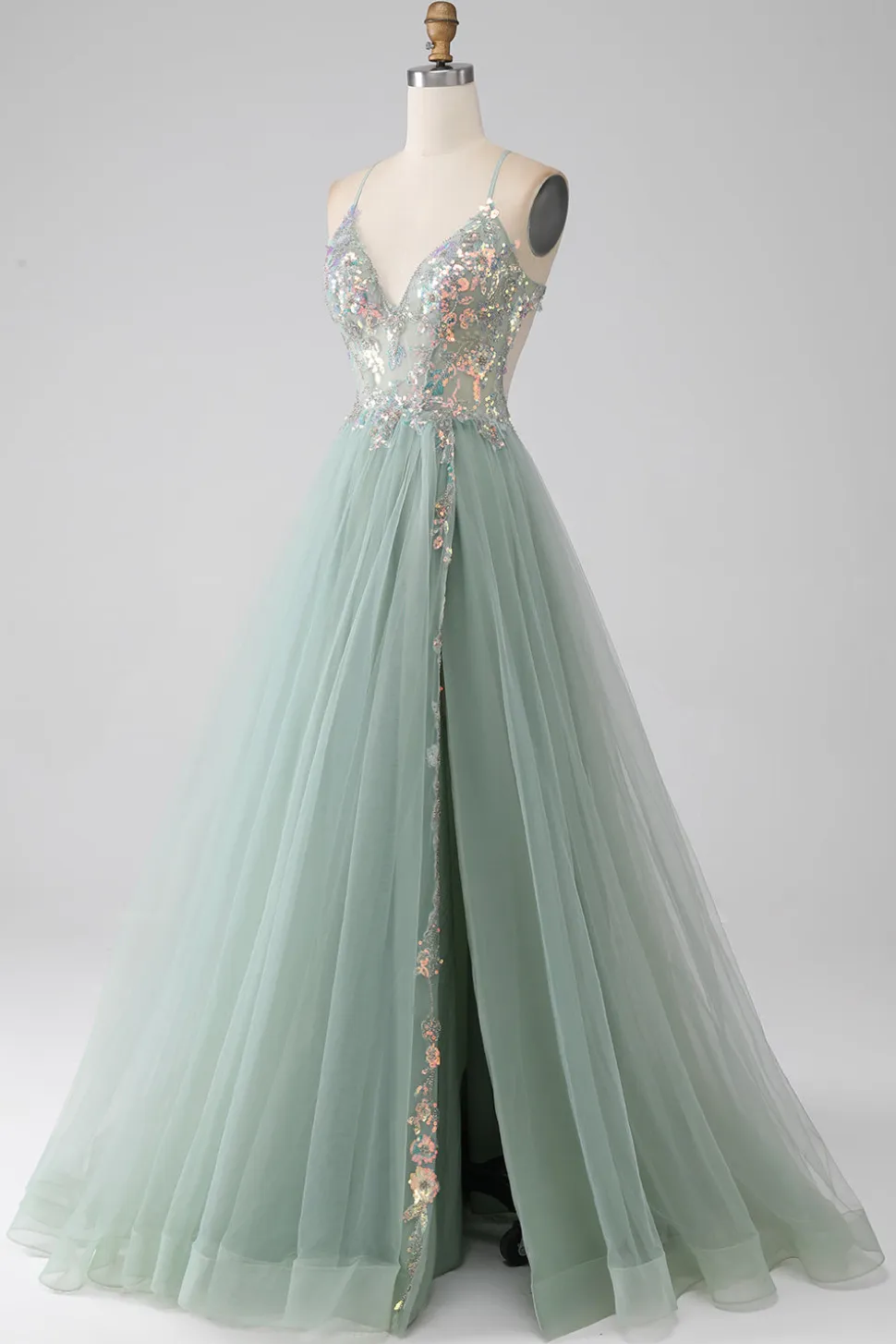 A-Line frisado vestido de baile verde claro com fenda