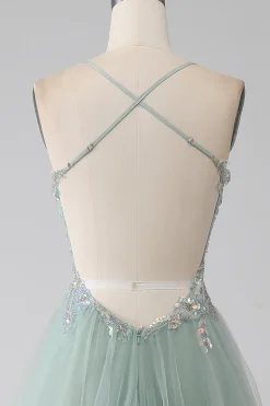 A-Line frisado vestido de baile verde claro com fenda