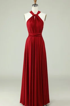 A-Line Halter Borgonha Vestido Longo Madrinha