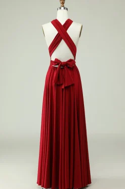 A-Line Halter Borgonha Vestido Longo Madrinha