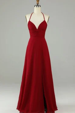 A-Line Halter Borgonha vestido longo dama de honra com fenda