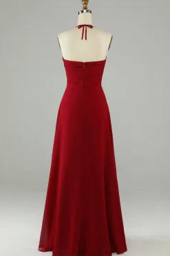 A-Line Halter Borgonha vestido longo dama de honra com fenda