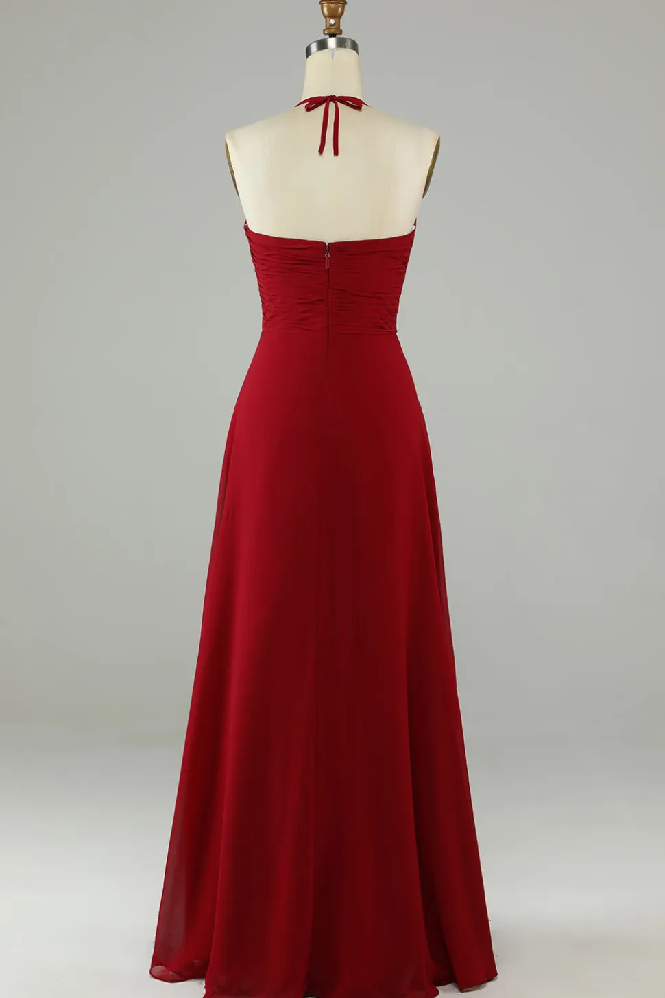 A-Line Halter Borgonha vestido longo dama de honra com fenda