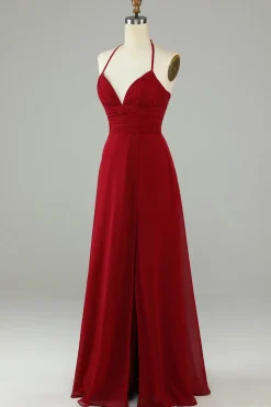 A-Line Halter Borgonha vestido longo dama de honra com fenda