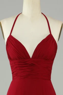 A-Line Halter Borgonha vestido longo dama de honra com fenda