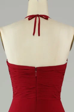 A-Line Halter Borgonha vestido longo dama de honra com fenda