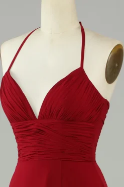 A-Line Halter Borgonha vestido longo dama de honra com fenda
