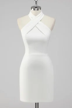 A-Line Halter Neck Cetim Vestido de Formatura Branco