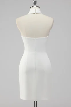 A-Line Halter Neck Cetim Vestido de Formatura Branco