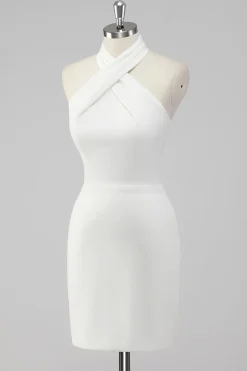 A-Line Halter Neck Cetim Vestido de Formatura Branco